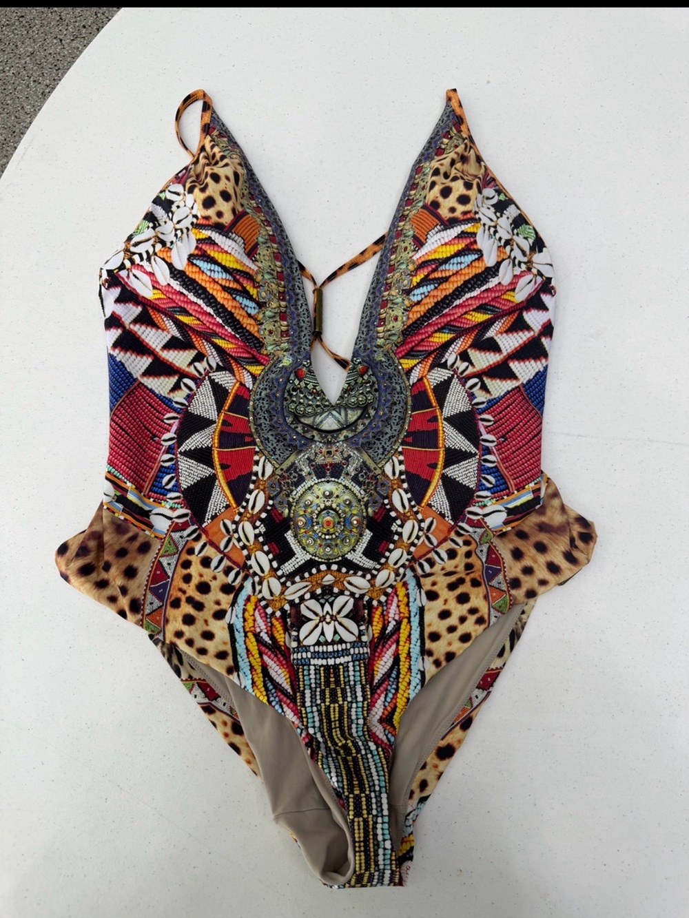 Camilla Deep V Plunge One Piece Swimsuit Animal Print Beaded Boho Luxury size L